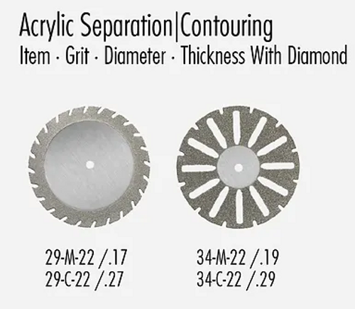 Diamond Discs Traditional - Acrylic Separation Contouring
Item - Grit - Diameter - Thickness With Diamond