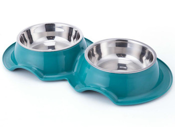 PETS CLUB PLASTIC DOUBLE BOWL ANTI-ANT WITH BOWL, 325 ML, SIZE 38*21*5.5 CM – GREEN