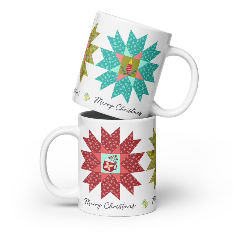 White Glossy Mug - Holiday Quilts: Merry Christmas - Cozy Cheer - 20 oz