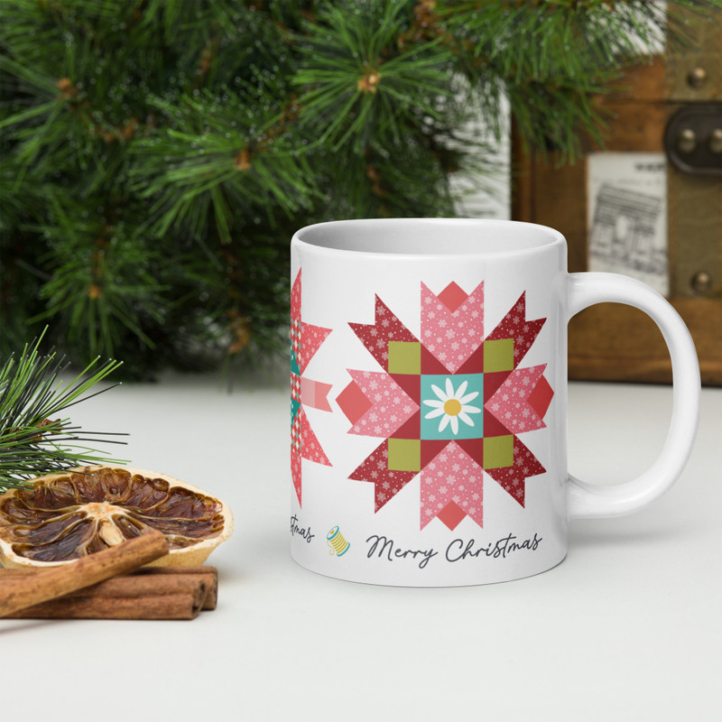 White Glossy Mug - Holiday Quilts: Merry Christmas - Floral Cheer - 20 oz
