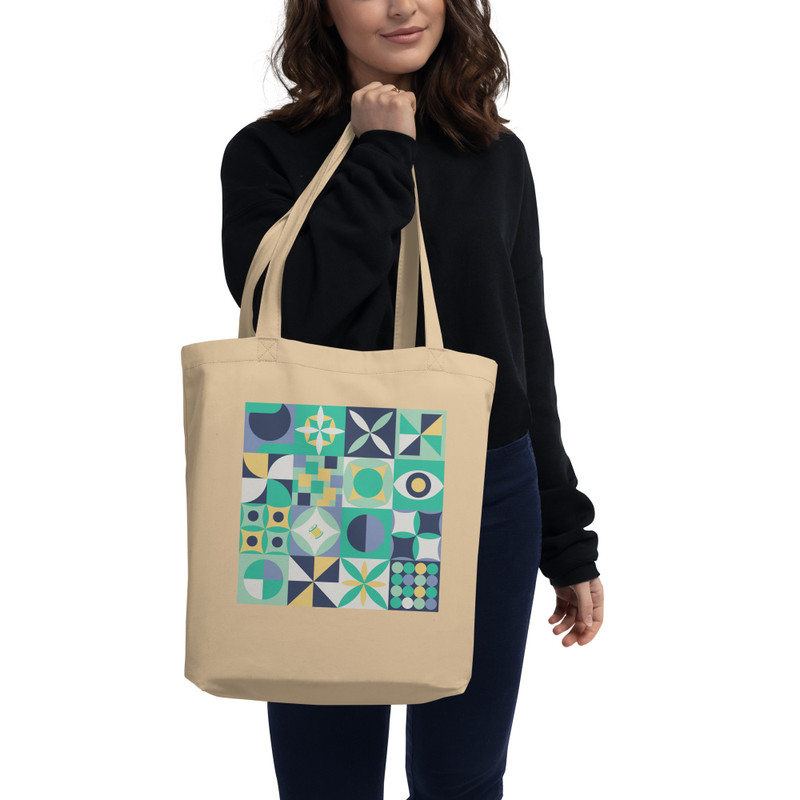 Eco Tote Bag Retro Quilt Blocks Mint_Navy