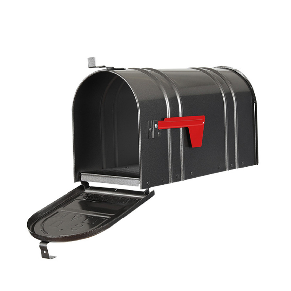 Large gun metal silver, or pewter, mailbox with door open and flag down