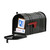Large black mailbox with packages, door open, and flag down