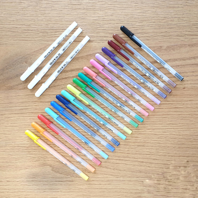 Full range of Sakura Gelly Roll Pens, available in 18 colours including 3 sizes of white