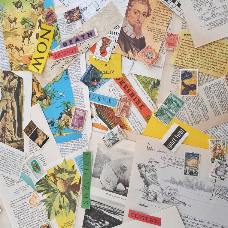 Mixture of ephemeria, images, text, cartoons, and stamps for scrapbooking, mixed media art, and collage