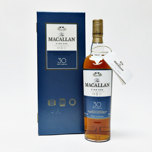 The Macallan Fine Oak 30 Year Old Single Malt Scotch Whisky, Speyside - Highlands, Scotland [top shoulder, old release, damaged box] 22G1508
