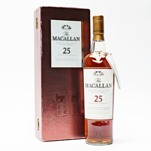The Macallan Sherry Oak 25 Year Old Single Malt Scotch Whisky, Speyside - Highlands, Scotland [red box, damaged label] 26D0906