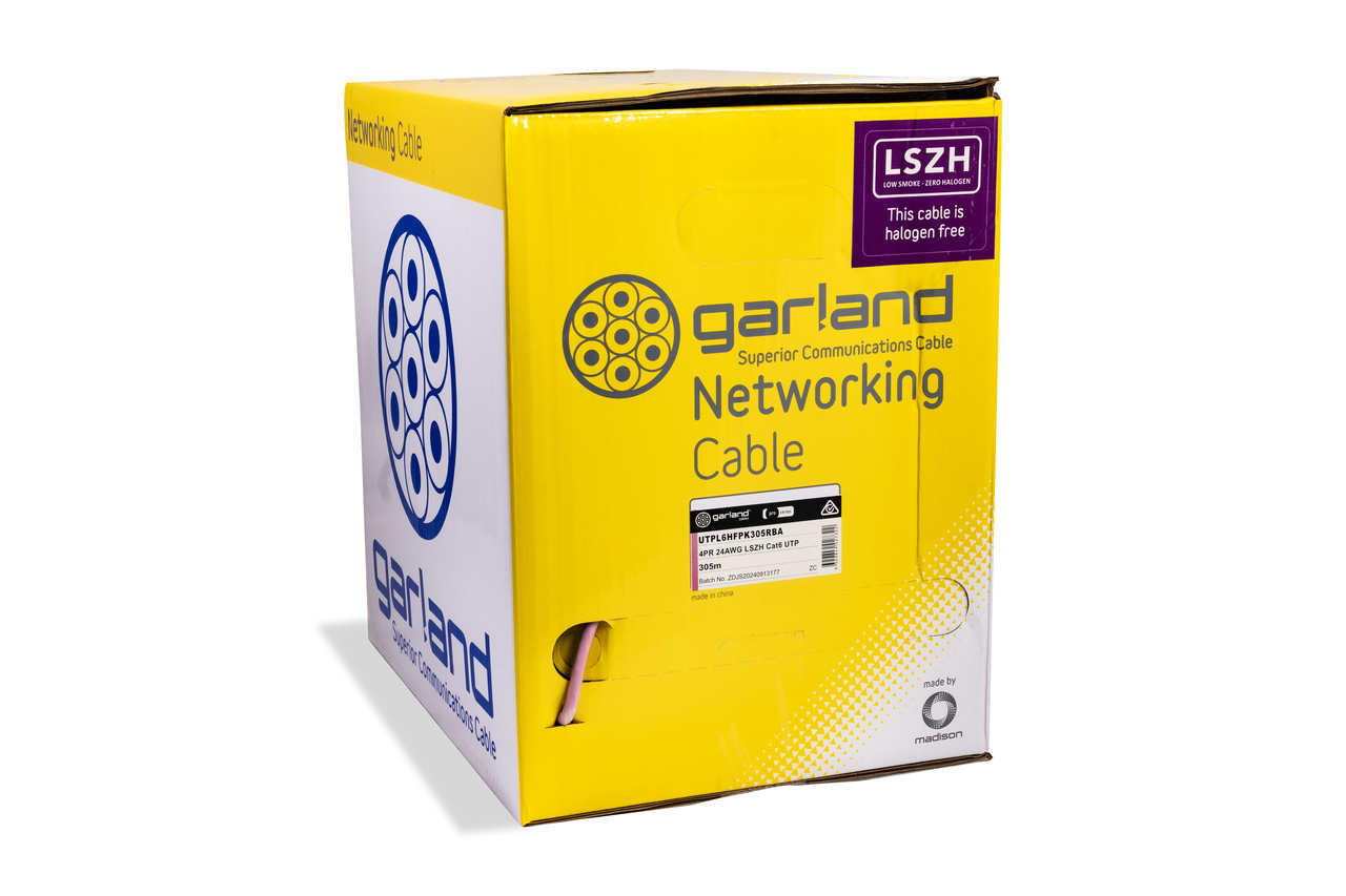 Garland CAT6 Cable Reel Box U/UTP 4 Pair Solid Conductor Halogen Free | 305m | Pink