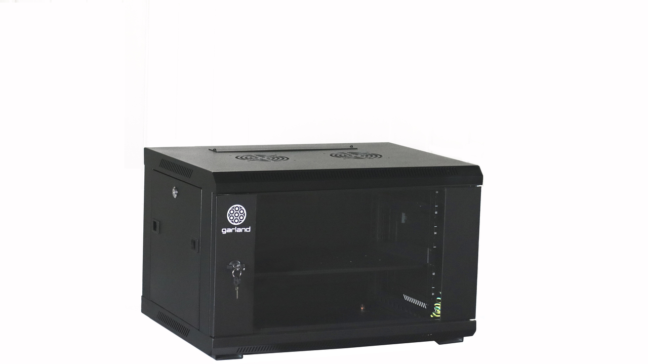 Garland Wall Rack 600 (W) x 450 (D) x 382 (H) mm | Lockable Reversable Glass Door | 6RU | Black