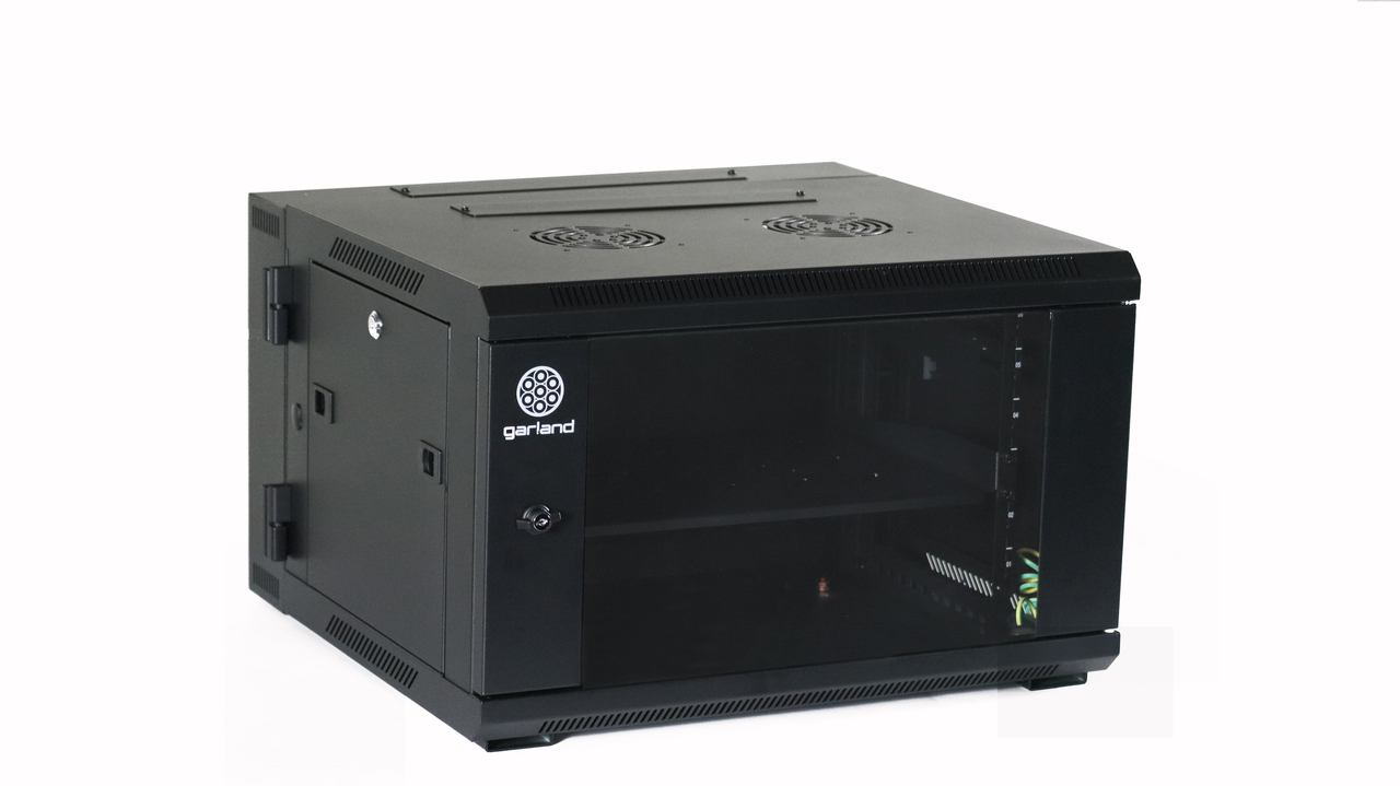 Garland Wall Rack 600 (W) x 550 (D) x 382 (H) mm | Lockable Reversable Glass Door | Swing Frame | 6RU | Black