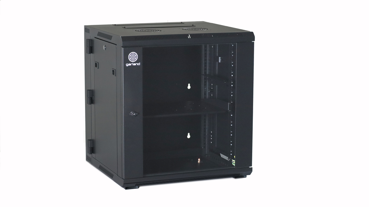 Garland Wall Rack 600 (W) x 600 (D) x 649 (H) mm | Lockable Reversable Glass Door | Swing Frame | 12RU | Black