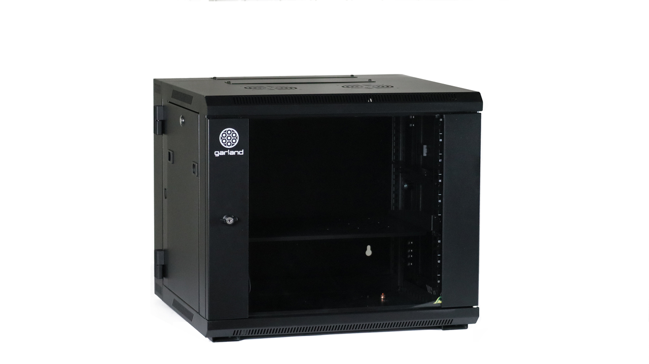 Garland Wall Rack 600 (W) x 600 (D) x 515 (H) mm | Lockable Reversable Glass Door | Swing Frame | 9RU | Black