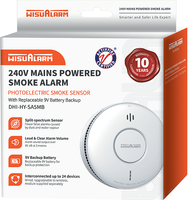 WisuAlarm | 240V Mains Powered Smoke Alarm | Replaceble 9V Battery | White