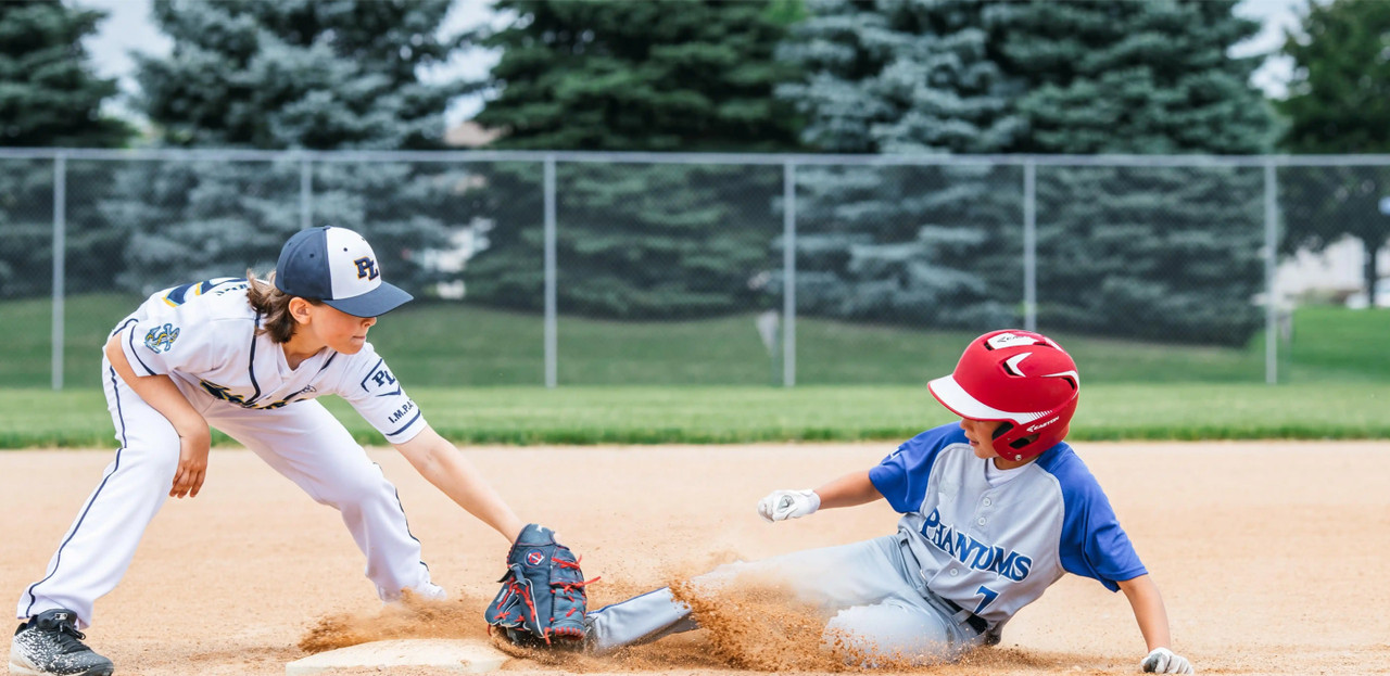 Two young boys playing baseball with one sliding into the base and the other reaching for him with the baseball glove