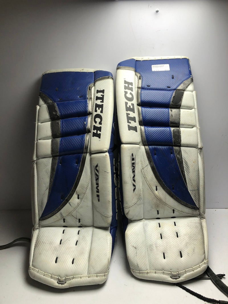 Used Itech VAMP 7.8 Goalie Leg Pads Junior White And Royal Blue 30\, image size:800x1067