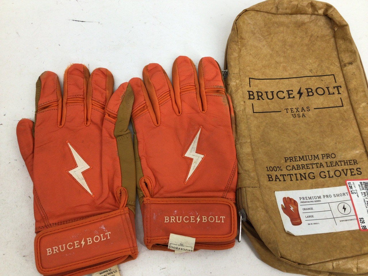 Used BRUCE BOLT PREMIUM PRO SHORT CUFF BB/SB Batting Gloves Orange LG