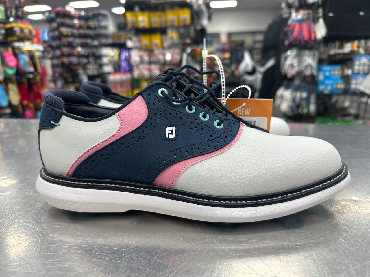 Used Foot Joy TRADITIONS WHITE/BLUE/PINK Mens Golf Shoes Navy Blue