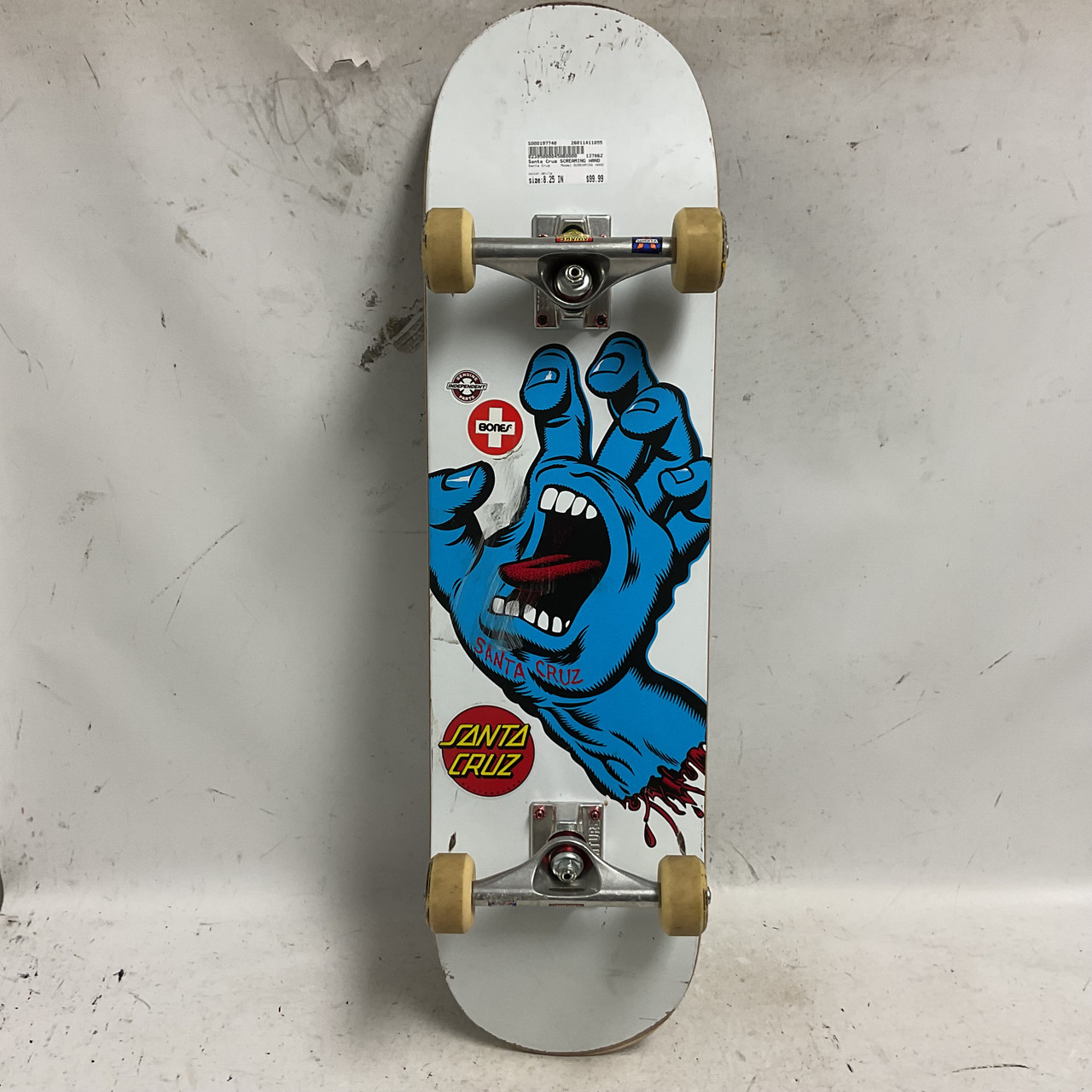 Used Santa Cruz SCREAMING HAND Complete Skateboard White 8 1/4