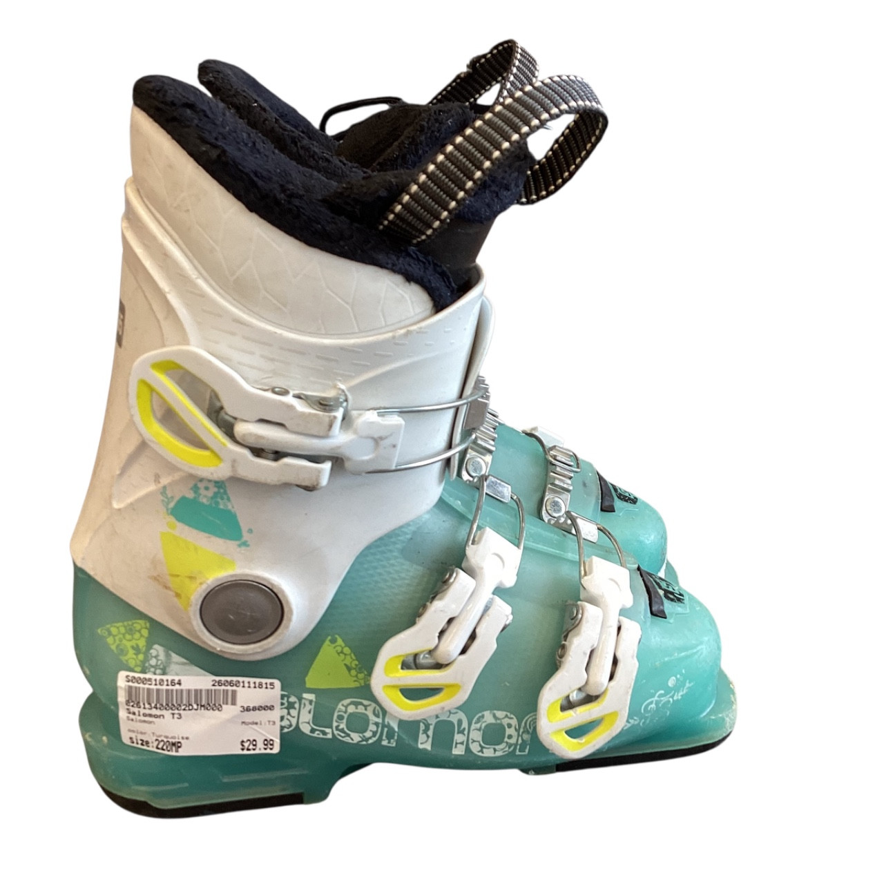 Used Salomon T3 Girls DH Ski Boot Turquoise 220 MP - J04 - W05