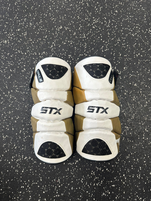 Vist Large View of Product Image Which is Used STX STX CELL II ARM PAD Lacrosse Arm Pads/Guards White And Gold LG