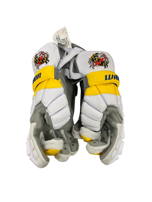 Vist Large View of Product Image Which is Used Warrior EVO Lacrosse Gloves Mens White MD