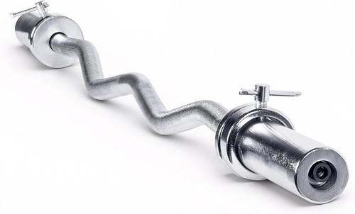 Vist Large View of Product Image Which is New CAP Olympic Curl Bar with (w) Collars 47" Chrome, angled view with collars
