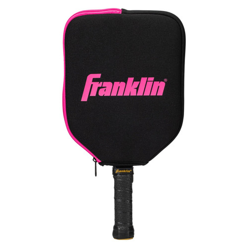 Vist Large View of Product Image Which is New Franklin Pickleball Paddle Cover Black/Pink, cover on paddle