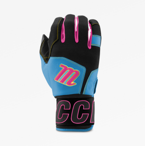 Vist Large View of Product Image Which is Marucci Blacksmith V2 Wrap Adult Batting Gloves Black/Columbia Blue #MBG2BKSM