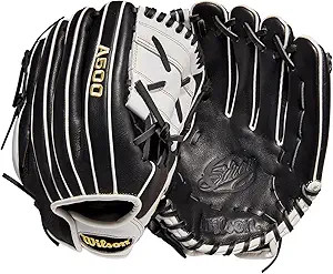 Vist Large View of Product Image Which is New Wilson A550 SIREN LH Throw Fastpitch Gloves Black And White 12"