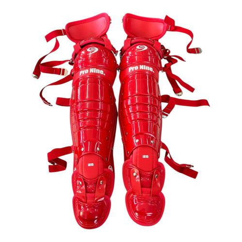 Vist Large View of Product Image Which is New Pro Nine Adult Catchers Leg Guards- Scarlet 