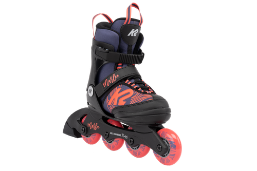Vist Large View of Product Image Which is A great first pair of skates for the kids! The Marlee has a flashy new look and all the features needed to have a blast on wheels. The vibration absorbing composite frame is interlocked with the base, keeping children more balanced by being lower to the ground. The familiar Traditional lacing allows them lace up on their own while the Stability Plus Cuff provides a secure fit with ample support for that extra confidence boost. Also a great value for parents, the Marlee has five full sizes of adjustability, keeping these skates in use for more than one season.