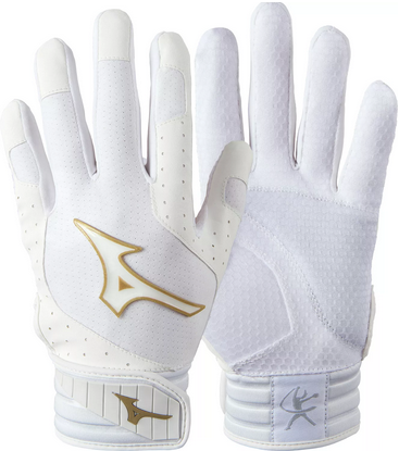 Vist Large View of Product Image Which is New Mizuno FINCH BB/SB Batting Gloves White And Gold LG
