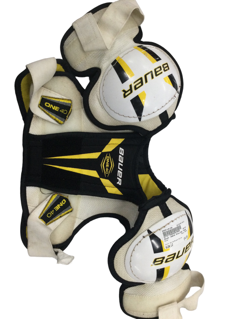 Vist Large View of Product Image Which is Used Bauer ONE40 Youth Shoulder Pads White/Black/Yellow LG