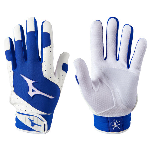 Vist Large View of Product Image Which is New Mizuno FINCH BB/SB Batting Gloves White And Royal Blue XS