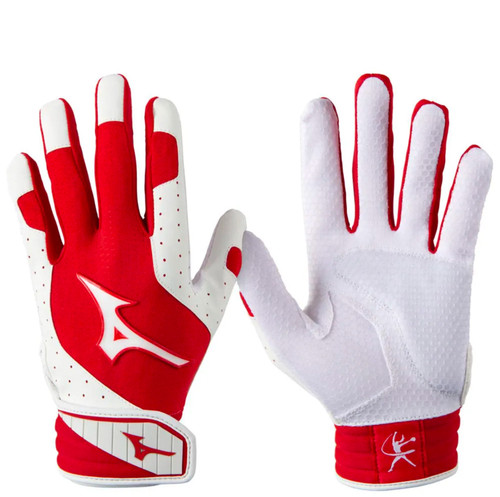 Vist Large View of Product Image Which is New Mizuno FINCH BB/SB Batting Gloves White And Red LG