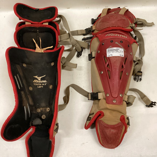 Vist Large View of Product Image Which is Used Mizuno SHING GUARDS SZ YTH Catchers Leg Guards Red Youth
