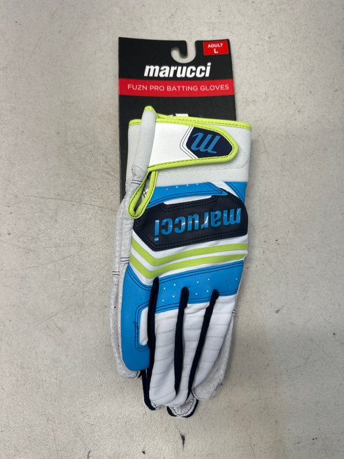 Vist Large View of Product Image Which is NEW MARUCCI FUZN PRO WHT/CB/NVY BATTING GLOVES LARGE 
