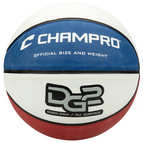 Vist Large View of Product Image Which is New Champro Dura-Grip 230 Rubber Basketball Red/White/Blue- Regulation 29.5"