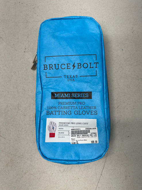 Vist Large View of Product Image Which is New Bruce Bolt PREMIUM PRO LONG CUFF BB/SB Batting Gloves White/Royal/Red XL