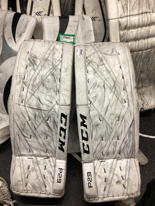 Vist Large View of Product Image Which is Used CCM P2.9 Goalie Leg Pads Senior White 30"
