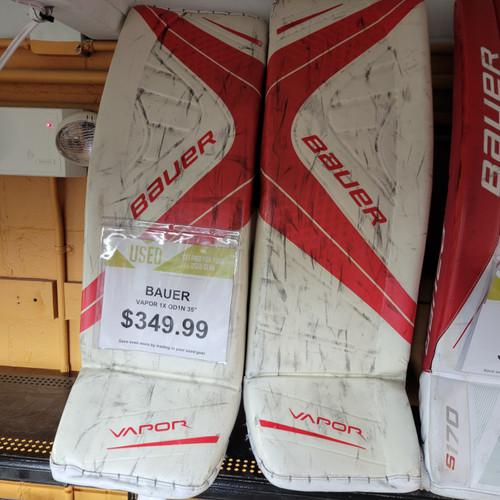 Vist Large View of Product Image Which is Used Bauer VAPOR 1X OD1N Goalie Leg Pads Senior Red And White 35"