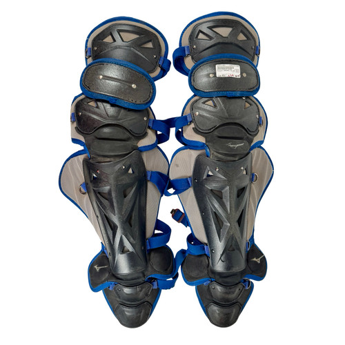 Vist Large View of Product Image Which is Used Mizuno SAMURAI Catchers Leg Guards Black And Royal Blue Adult