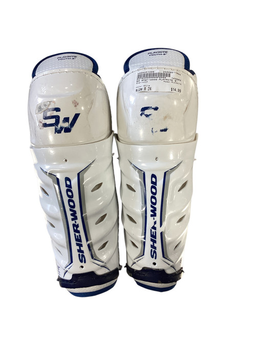 Vist Large View of Product Image Which is Used Sher-wood PLAYRITE Youth Shin Guards White 8" 11804-S000251400