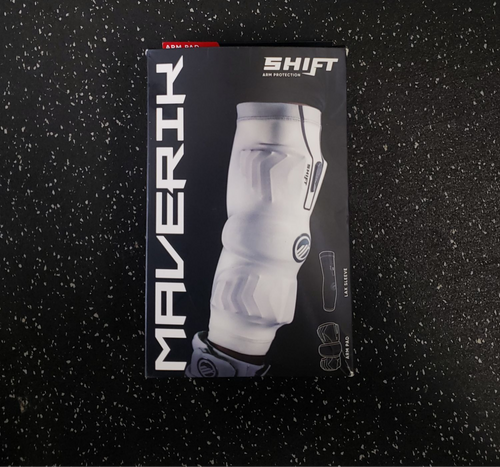 Vist Large View of Product Image Which is Used Maverik SHIFT ARM PADS Lacrosse Arm Pads/Guards White LG