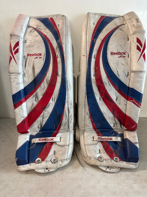 Used Reebok 7K Goalie Leg Pads Junior White 28 1/2" 11857-S000090504 Vist Large View of Product Image Which is Used Reebok 7K Goalie Leg Pads Junior White 28 1/2"