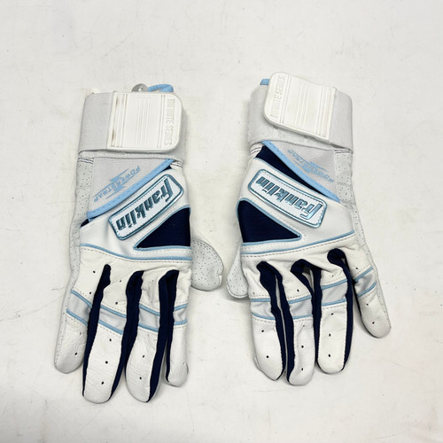 Vist Large View of Product Image Which is Used Franklin WOMENS BB/SB Batting Gloves White And Carolina Blue LG
