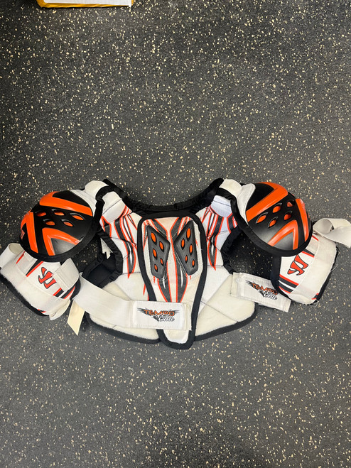 Vist Large View of Product Image Which is Used Warrior TEMPO ELITE Lacrosse Shoulder Pads White XS