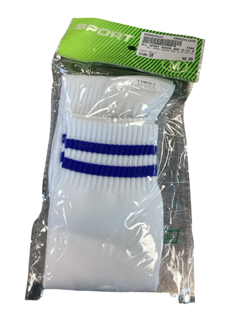  ALL SPORT SOCKS AGE 6-12 WHT/BL Soccer Socks White SM