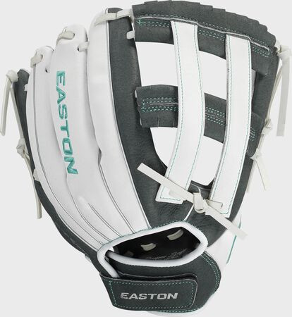 Vist Large View of Product Image Which is New Easton GHOST FLEX YTH LH Throw Fastpitch Gloves Grey And White 11"