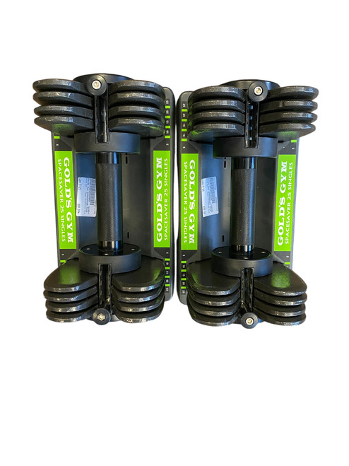 Vist Large View of Product Image Which is Used Golds Gym SPACESAVER PAIR Adj Dumbbells 5-25 LB